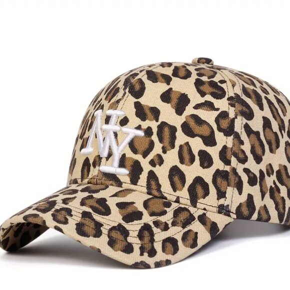 NWOT Women's NY Leopard Print Baseball Cap - Adjustable, Embroidered - Khaki - Picture 1 of 2